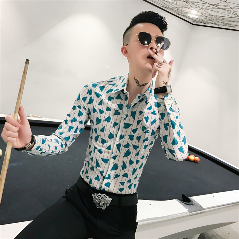 312A-809-P50  韩版条纹爱心印花修身衬衫发型师夜店时尚衬衫-首1图片