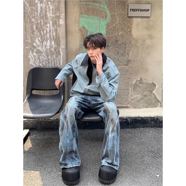 工装外套水洗做旧春秋高级感拼接翻领短款夹克男,男装夹克,星座410-7