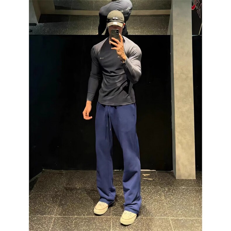 藏青色阿拉伯文裤子男款美式健身篮球运动卫裤直筒微喇裤HW39P45,男装休闲裤,星座1112-1