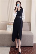 两件套连衣裙百搭修身显瘦长袖高腰花边简约2021春秋季新款，女装连衣裙，瑶迪依秀