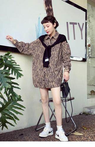 斑马条纹拼接假二件套衬衣裙，其它，转角爱尚