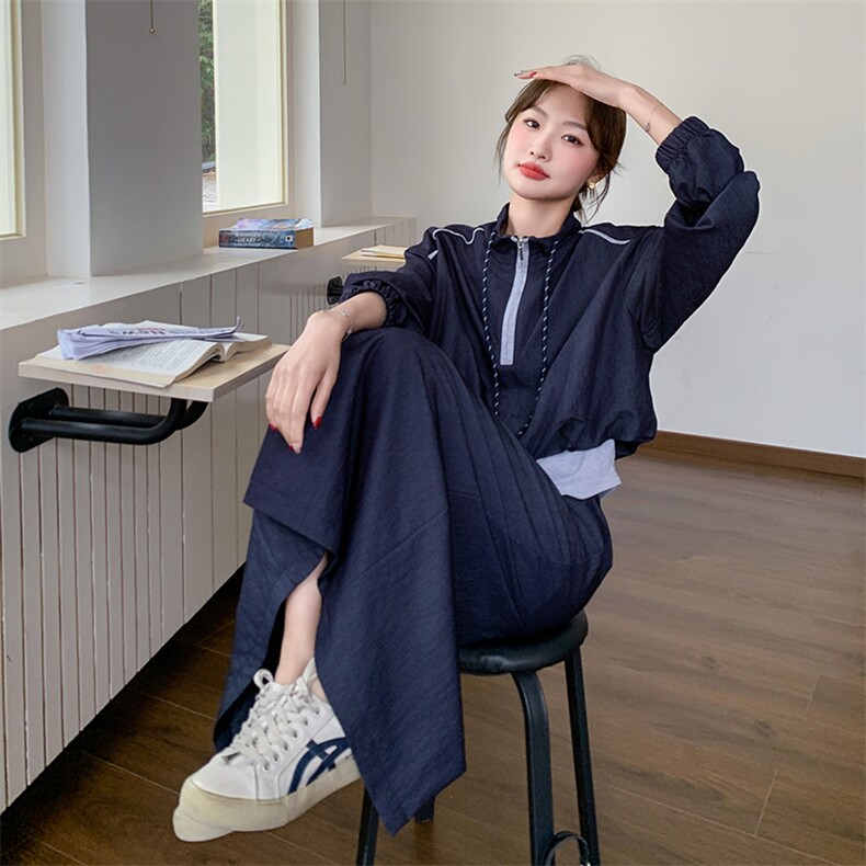 藏青色休闲运动套装裙女2025春季新款韩版学院风减龄半身裙两件套,女装套装/套裙,2C108
