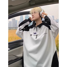 黑白拼色半拉链Poloa衫男女秋季美式复古潮牌宽松休闲长袖卫衣，男装卫衣，星座715-4