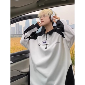 黑白拼色半拉链Poloa衫男女秋季美式复古潮牌宽松休闲长袖卫衣图片