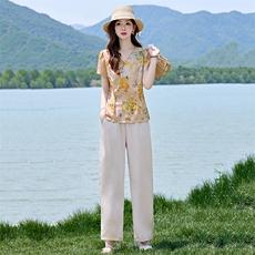 年轻妈妈装V领短袖衬衫阔腿裤两件套夏季新款洋气减龄中老年套装，女装套装/套裙，衣之秀