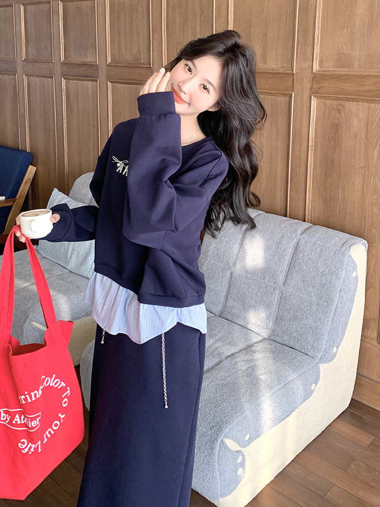 藏青色卫衣套装裙女春2025新款韩版印花长袖上衣A字半身裙两件套,女装套装/套裙,浙宝220