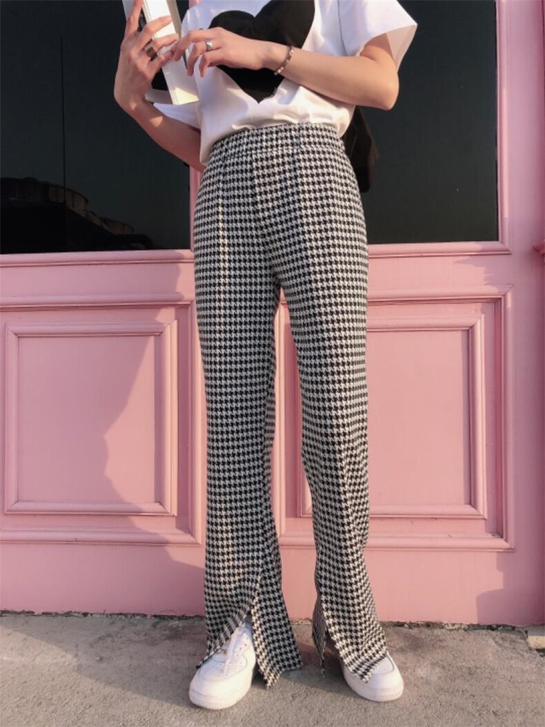 春夏千鸟格开叉阔腿裤，女装，1+1 MAIN ROAD
