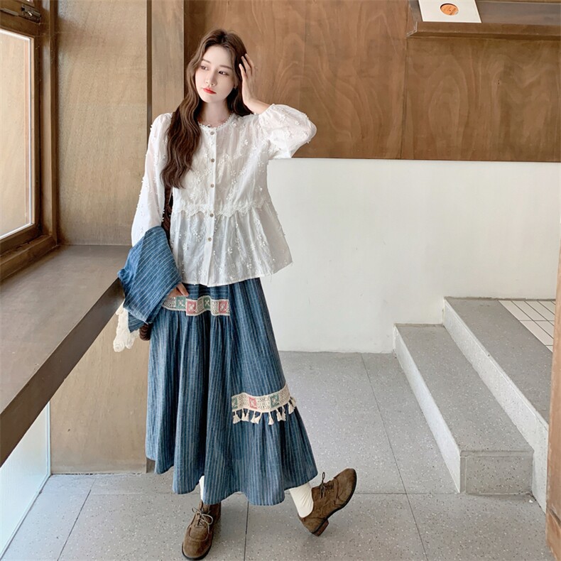 休闲衬衫蕾丝条纹马甲半身裙套装女春秋ootd减龄穿搭巨好看三件套,女装套装/套裙,浙宝217