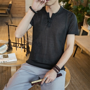 2021夏季新款男装 中国风盘扣短袖上衣刺绣薄款透气T恤 T07图片