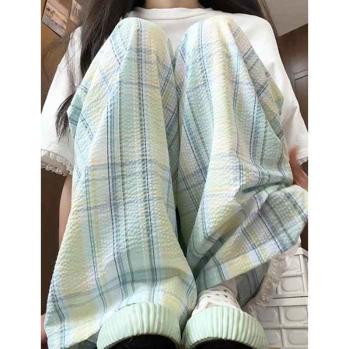 AK2291-P50格子裤子女夏薄2026新款高腰阔腿裤直筒山本裤,女装休闲裤,星座617A-2