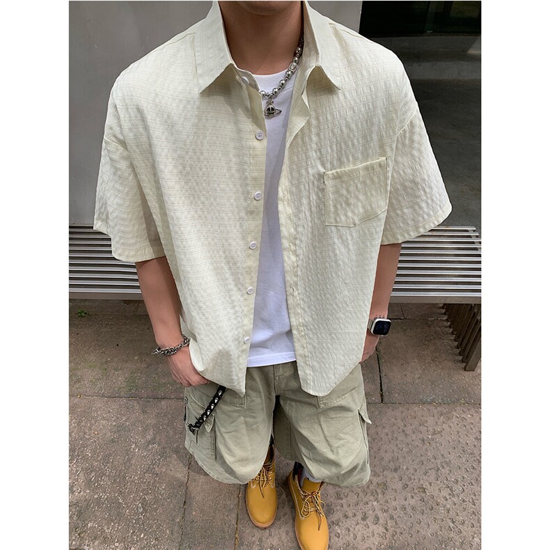 原创美式潮流复古条纹泡泡格肌理感夏季衬衫短袖男士衬衣P35,男装T恤,电商C306-1