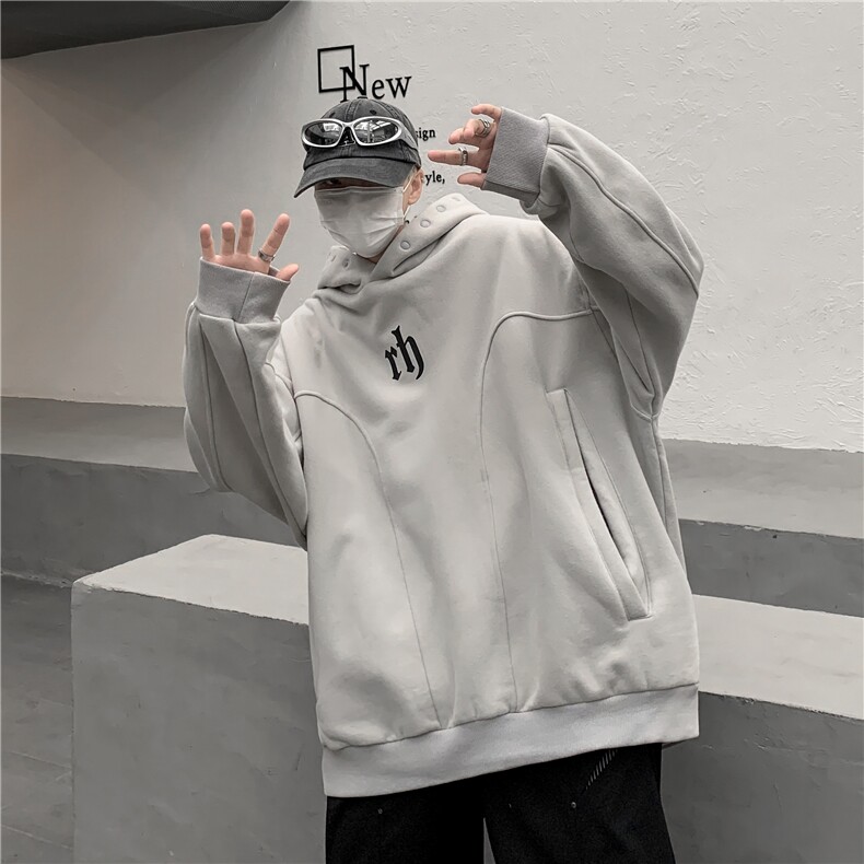 ！23宽松重磅加绒350克暗黑风rh排扣连帽卫衣LW9068-p78,男装卫衣,星座508（原C305）