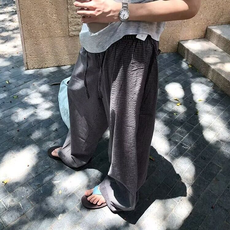 秋冬慵懒风格纹阔腿休闲裤男潮牌宽松显瘦垂感拖地直筒长裤图片