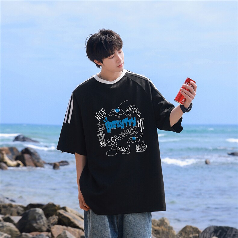 2025夏季新款创意印花图案条纹学院风短袖T恤T1048/P35控48-100棉,男装T恤,电商A148