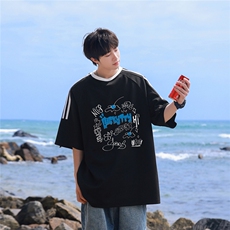 2025夏季新款创意印花图案条纹学院风短袖T恤T1048/P35控48-100棉，男装T恤，电商A148