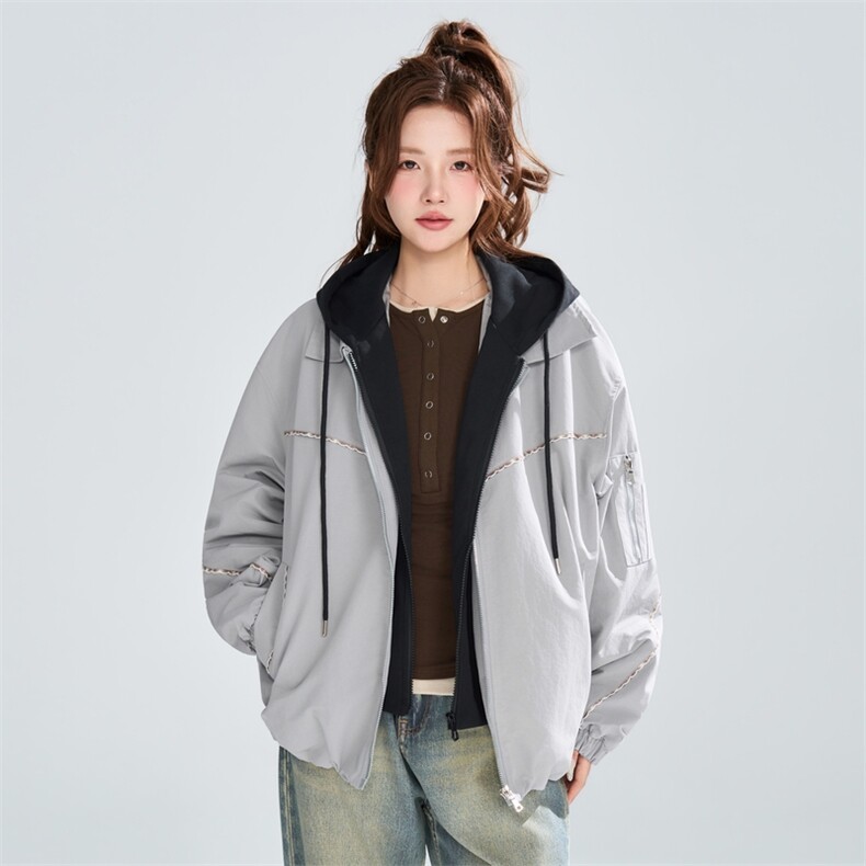 明线设计连帽夹克女春季宽松假两件潮流百搭外套XZ309JK8003P83,男装夹克,星座309（原A406）