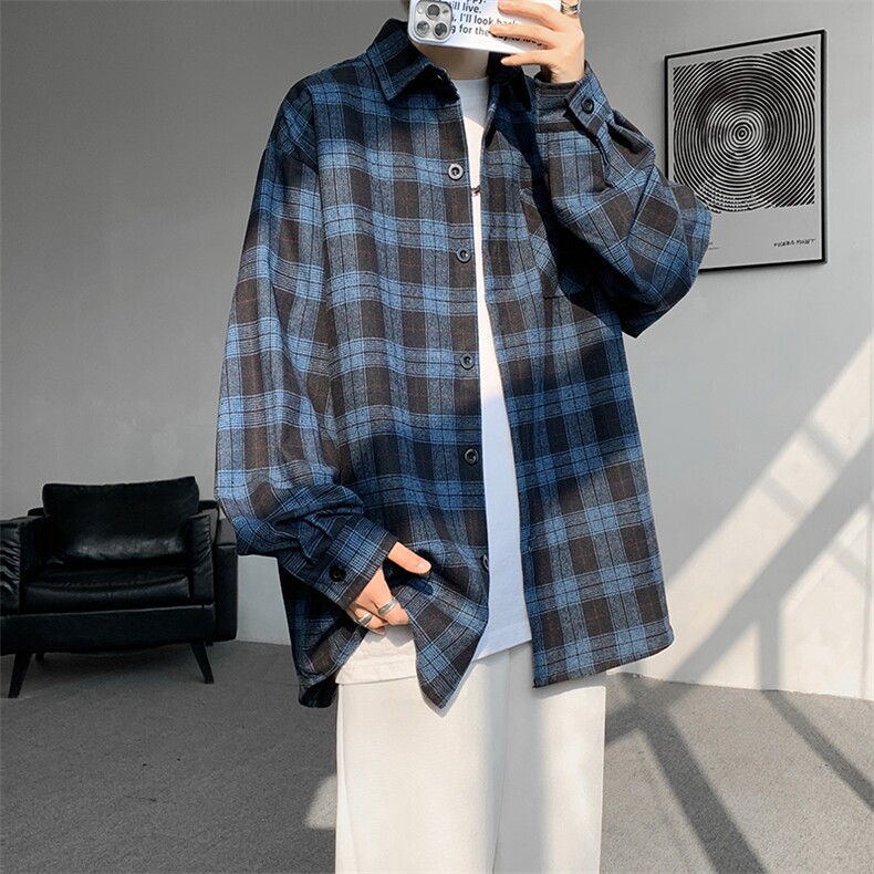 8XL-M格子衬衫男长袖秋季美式复古潮宽松衬衣外套CS516P55控78,男装衬衫,电商D206-1