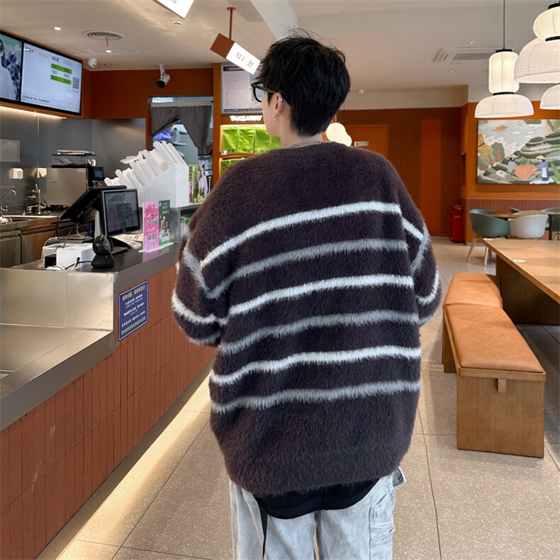 美式条纹水貂绒圆领毛衣冬季新款宽松加厚慵懒风针织衫,男装针织衫/毛衣,星座410-7