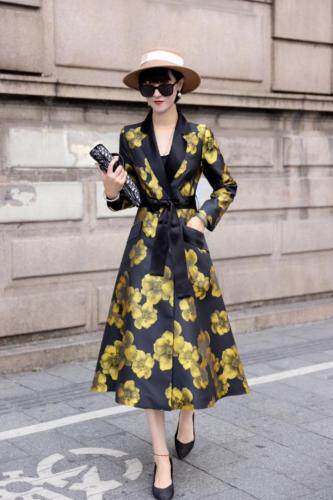 进口提花面料拼醋酸风衣裙，女装风衣，澳洛菲