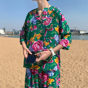 TZ340男士夏新风大花布套装大码宽松凉爽透气民族风个性外套图片