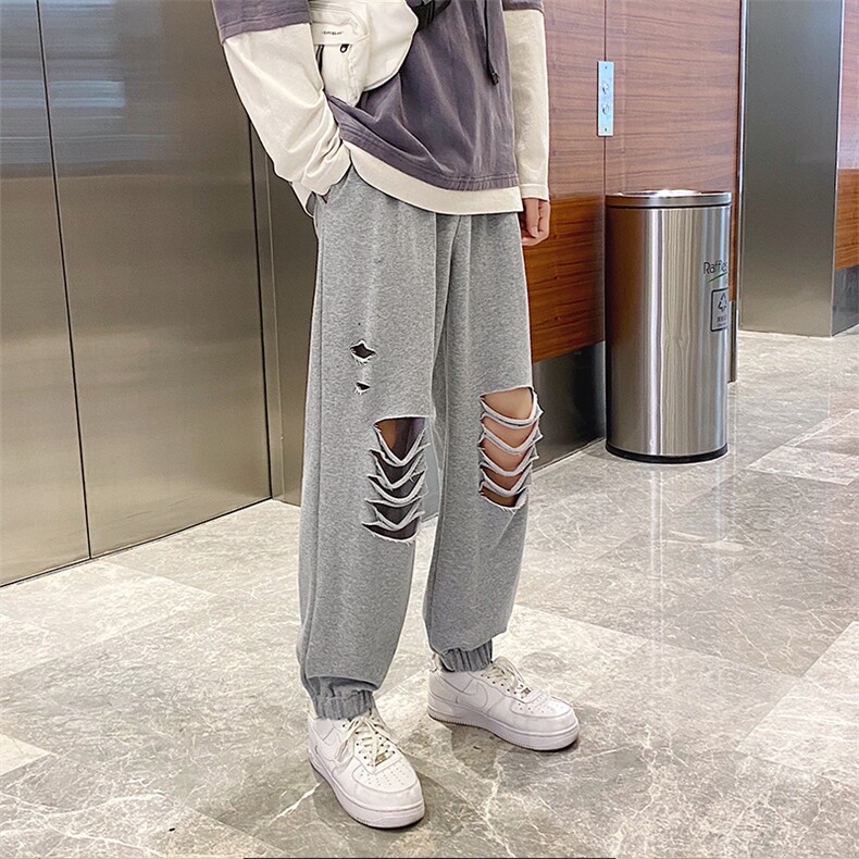 20港风秋冬破洞九分裤中性风卫裤束脚裤长裤子504-K2059-P50,男装休闲裤,星座504