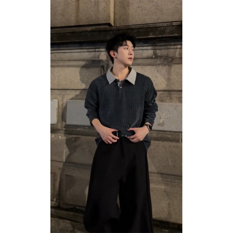 加绒加厚卫衣千鸟格长袖t恤polo打底衫504-T503-特P28（加绒P33）,男装Polo衫,星座504