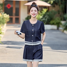 2025韩版夏季薄时尚显瘦蕾丝拼接牛仔短袖短裤套装，女装套装/套裙，贵人树