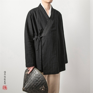 2025秋冬新款风男装棉麻男士汉服中长款棉麻外套H27P90,橘色高腰外套穿搭女图片