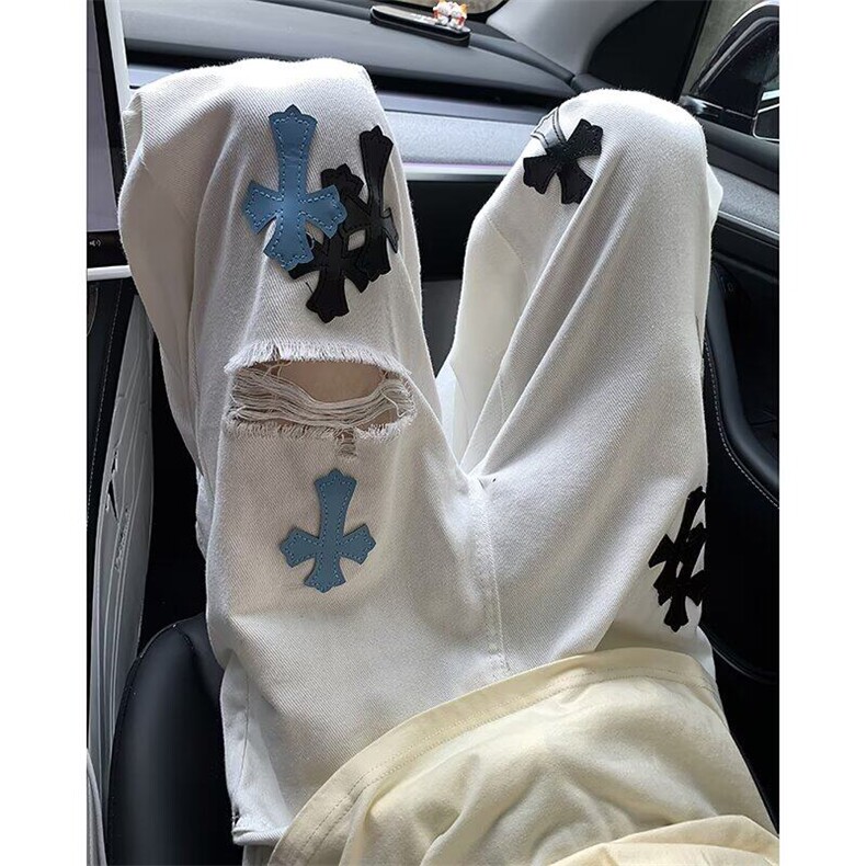 白色破洞直筒牛仔裤男夏季新款十字皮标高腰宽松显瘦阔腿拖地裤子，男装皮裤，星座813-2