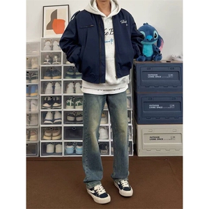 cleanfit男生裤子春秋款美式高街潮牌复古蓝牛仔裤微喇直筒工装裤图片