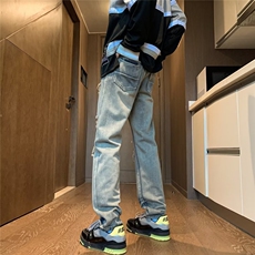破洞牛仔裤男士春秋夏季薄款美式复古潮牌高街宽松直筒休闲长裤子，男装牛仔裤，四季星座218-1