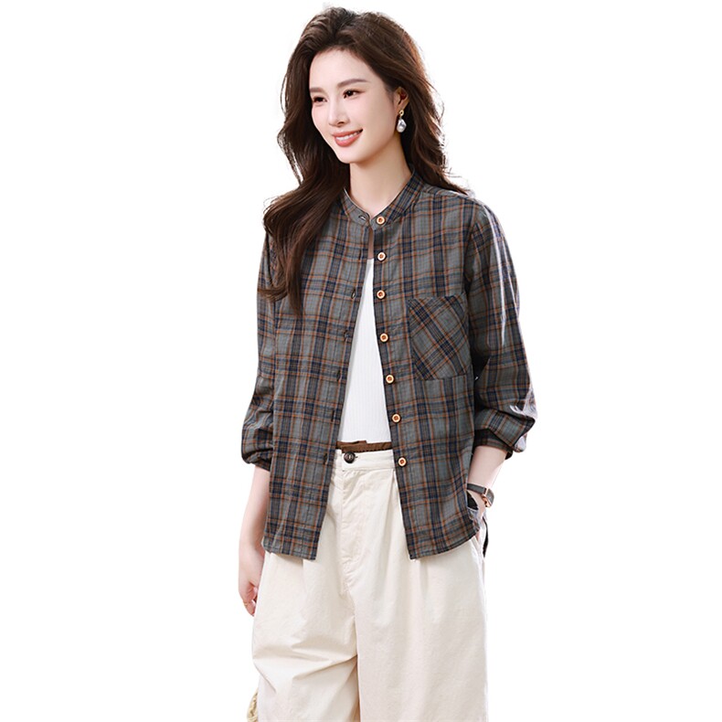 LuhuaMao复古橘色格纹衬衫2024夏季韩版翻领单排扣短袖上衣女,女装衬衫,小林双子