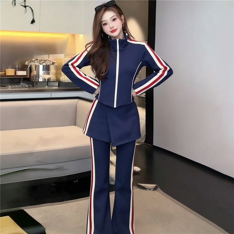 时尚休闲减龄套装女春款条纹拼接立领开衫上衣屁帘微喇长裤三件套,女装套装/套裙,江南