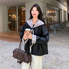 可拆卸格子连帽皮衣外套女2025秋季新款甜酷风宽松小个子短款夹克，女装皮衣，2C236