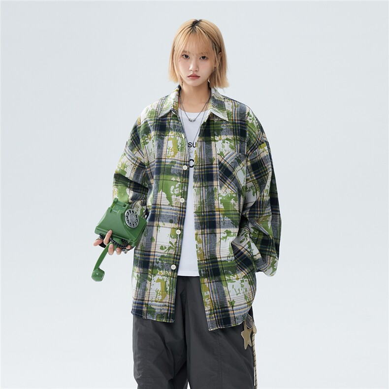 2026新款现货扎染格子衬衫痞帅长袖衬衣美式防晒情侣外套C235TP30，男装防晒衣，电商A170