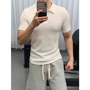 档口图230克高弹运动休闲POLO衫轮廓线紧身健身短袖T恤男P33,深灰色针织衫搭配什么裤子好看图片