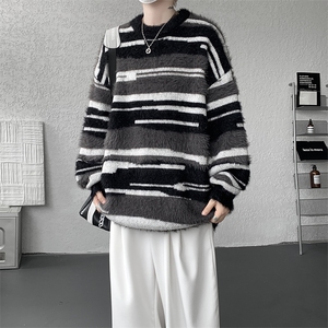软糯马海毛条纹毛衣男厚实慵懒保暖毛线衣男针织衫男MY1223-P68图片