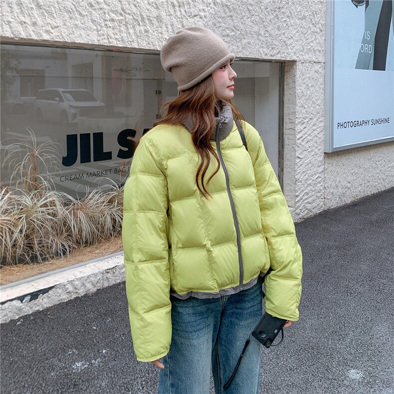 牛油果绿撞色方块泡芙90白鸭绒羽绒服女冬季面包服新款小个子短款,女装羽绒服,2C218
