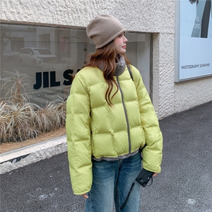 牛油果绿撞色方块泡芙90白鸭绒羽绒服女冬季面包服新款小个子短款图片