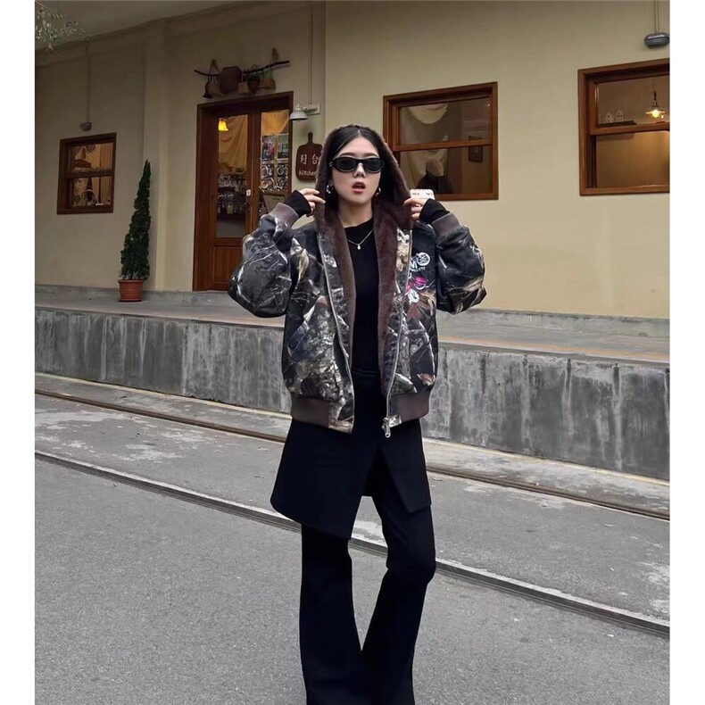 美式连帽牛仔棉服男女重磅迷彩树枝座山雕复古加绒加厚夹克外套潮,男装夹克,星座506A
