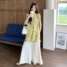 复古黄色碎花套装女夏季2025新款慵懒风日系上衣宽松阔腿裤两件套，女装套装/套裙，2D078