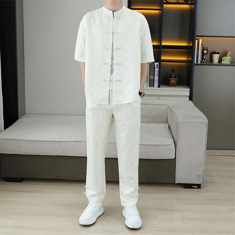 2025夏季新款新中式套装宽松舒适清爽长裤禅意盘扣复古暗纹两件套，男装休闲套装，星座1801