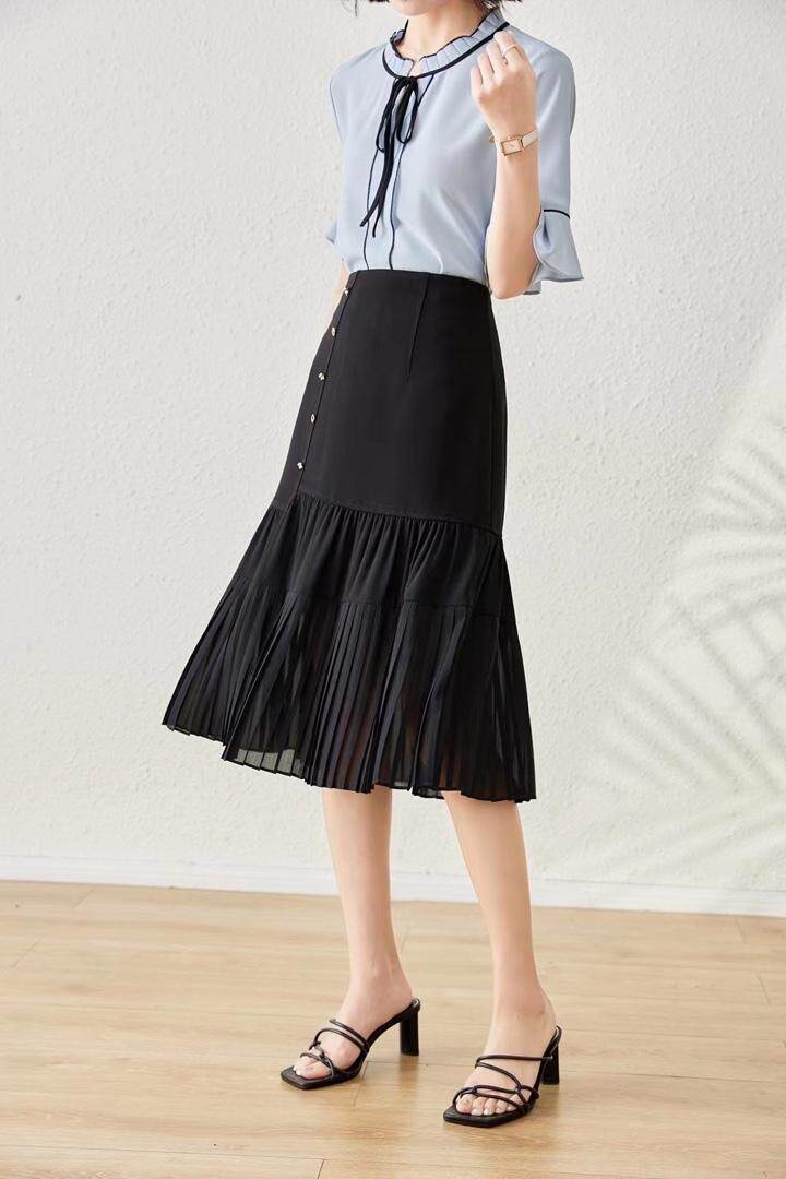 1120#黑、绿、白，S—XXL，雪纺压皱拼接半裙。，女装半身裙，束索