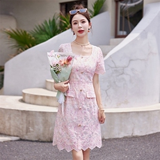 时尚印花刺绣连衣裙女夏季2025新款显瘦气质高质感连衣裙，女装连衣裙，英标秀（1C119）