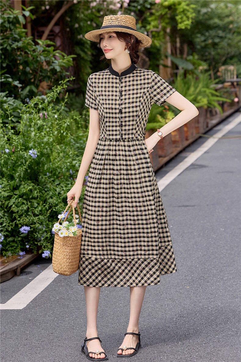 弹力面料学院风格纹连衣裙女春夏收腰显瘦中长裙格子裙子,女装连衣裙,水衣源