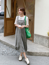 灰色工装背带裙套装女2025夏季新款韩系慵懒风宽松显瘦休闲连衣裙，女装连衣裙，浙宝276（原081）