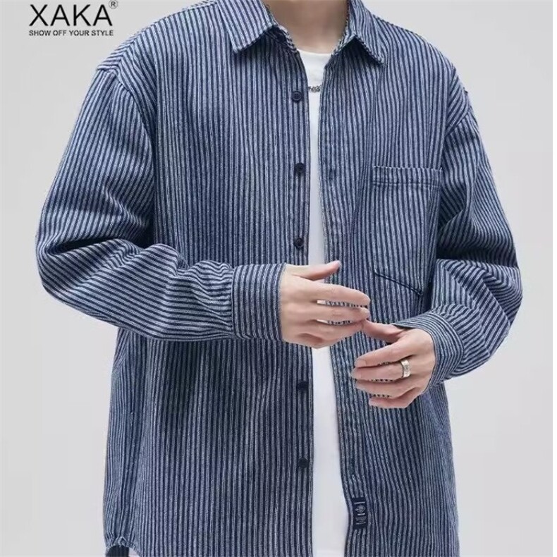 [006]条纹长袖衬衫男高级感翻领衬衣外套A079-CS160-P52,男装衬衫,电商A079