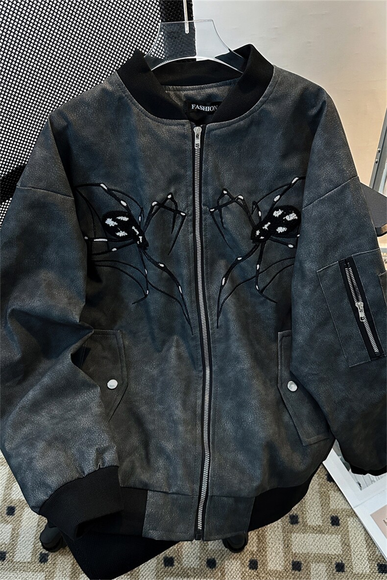 美式蜘蛛刺绣复古做旧PU皮衣飞行员夹克秋新款棒球服潮牌外套男,男装夹克,星座505-2（原电商A260-1)