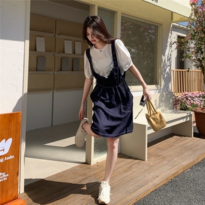 泡泡袖上衣小个子两件套连衣裙女夏季新款休闲蕾丝拼接牛仔背带裙图片