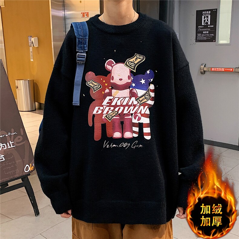 1港风圆领中性情侣潮流大码M-5XL印花加厚毛衣男7673P48加绒P55图片